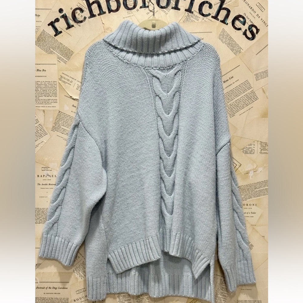 Anthropologie Pilcro Slouchy Cable Knit Turtleneck Sweater Sky Blue - Picture 5 of 6
